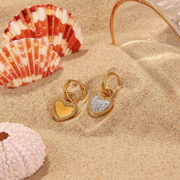 White‎ Heart Pendant Zircon Hoop Earrings - 18K Gold Plated Stainless Steel - Picture 7 of 8